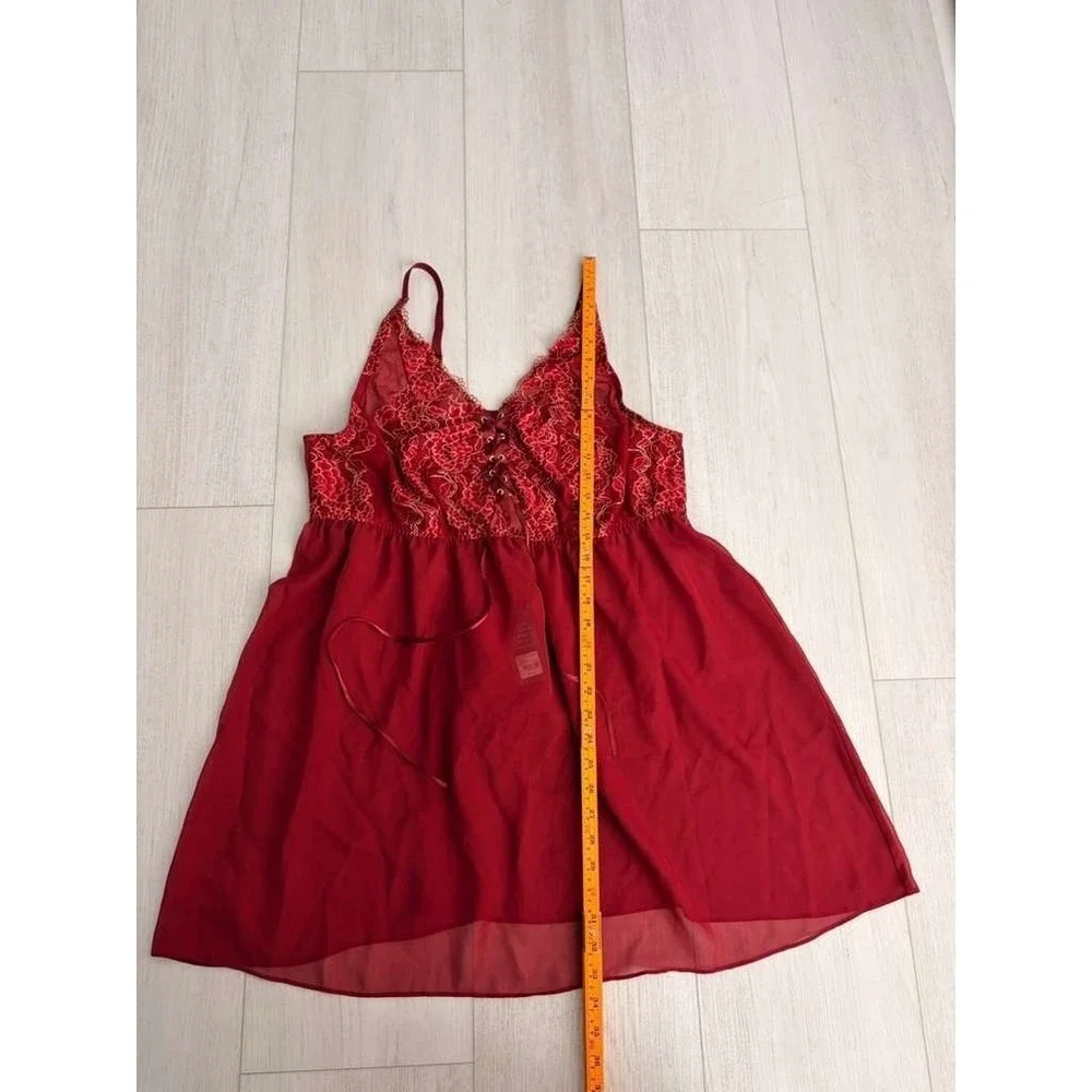 NWT $56‎ Cacique Lingerie Lace Up Babydoll & Thong Set Sz 22/24 Red Sheer